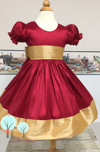 Christmas Dress , Red and Gold Faux Silk DUPIONI Dress, Christmas Party Dress, Birthday, Celebration, Recital