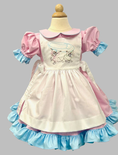 Friday Sample price Pink and Blue five piece Set Pinafore Dress with a double Ruffle skirt