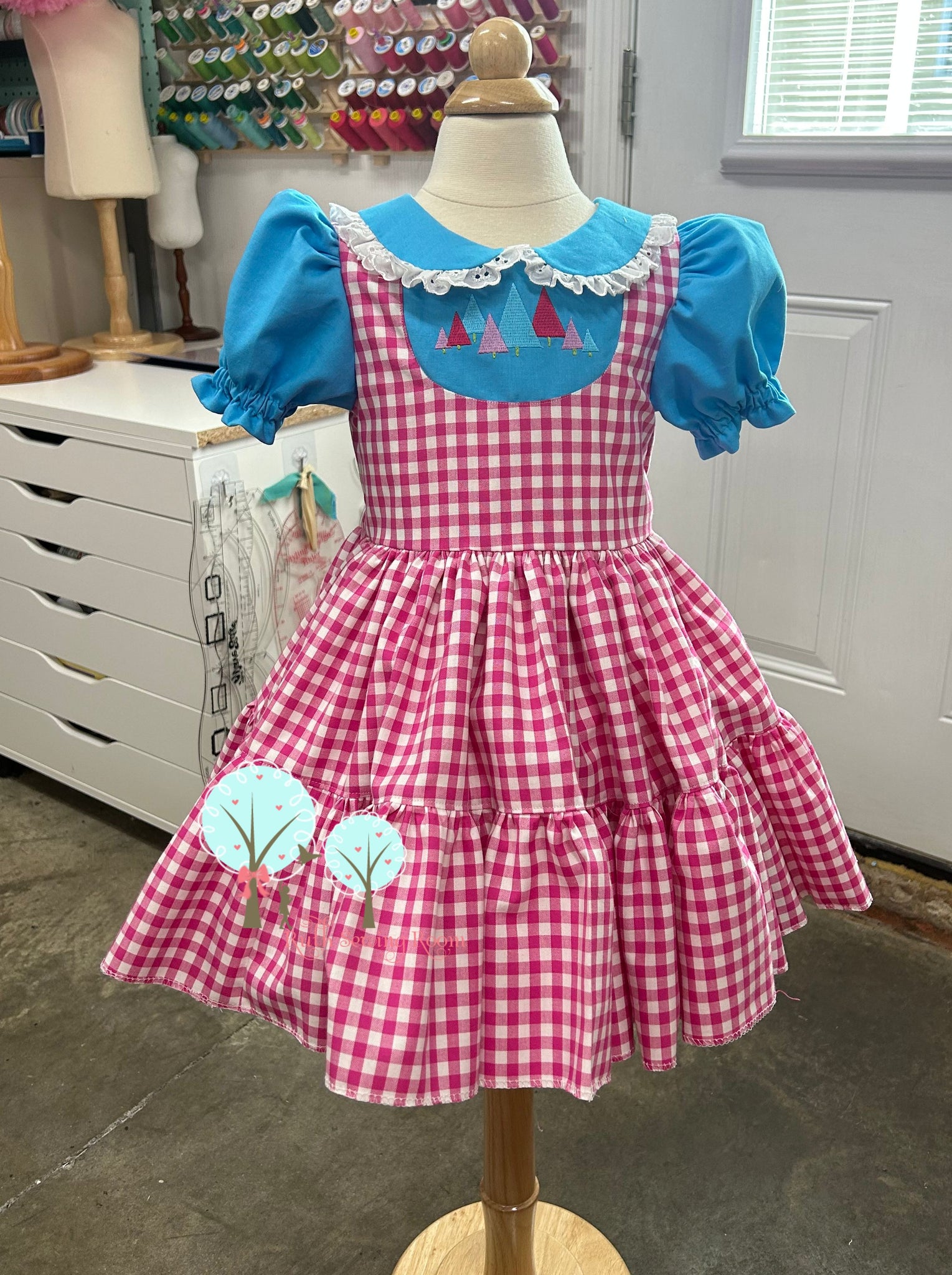 Pink and Gingham Embroidery Dress, Christmas Party Dress Add Extra Dress Bow / 12M/18M Pink and Gingham Embroidery Dress, Christmas Party Dress Add Extra Dress Bow / 12M/18M