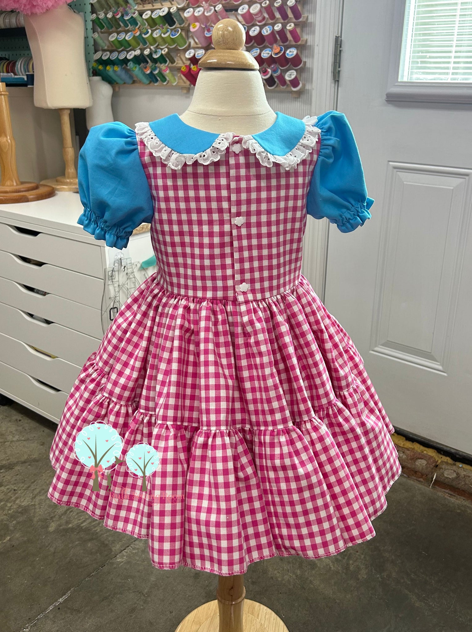 Pink and Gingham Embroidery Dress, Christmas Party Dress – Ruth Sewing Room