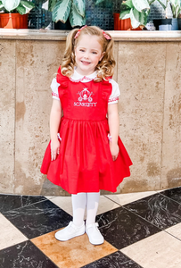 Red Personalized Ruffle Pinafore Dress with a twirl skirt with embroidery