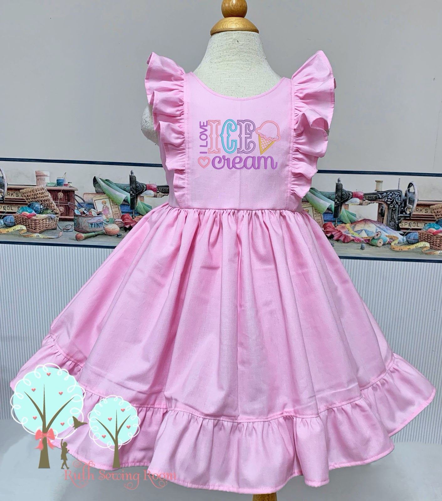 Ice cream  Pink Ruffle Pinafore Dress with a twirl skirt and Ruffle hemline