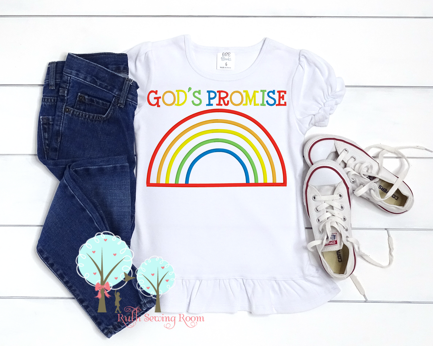 Rainbow God's Promise --- Rainbow Applique  -- Tee shirt