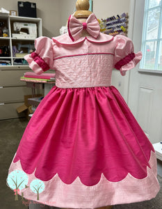 Beauty Sunday Dress, Silk DUPIONI, Light Pink and American Rose Color to Ship size 9m/12m
