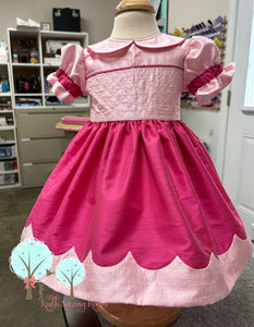 Beauty Sunday Dress, Silk DUPIONI, Light Pink and American Rose Color to Ship size 9m/12m