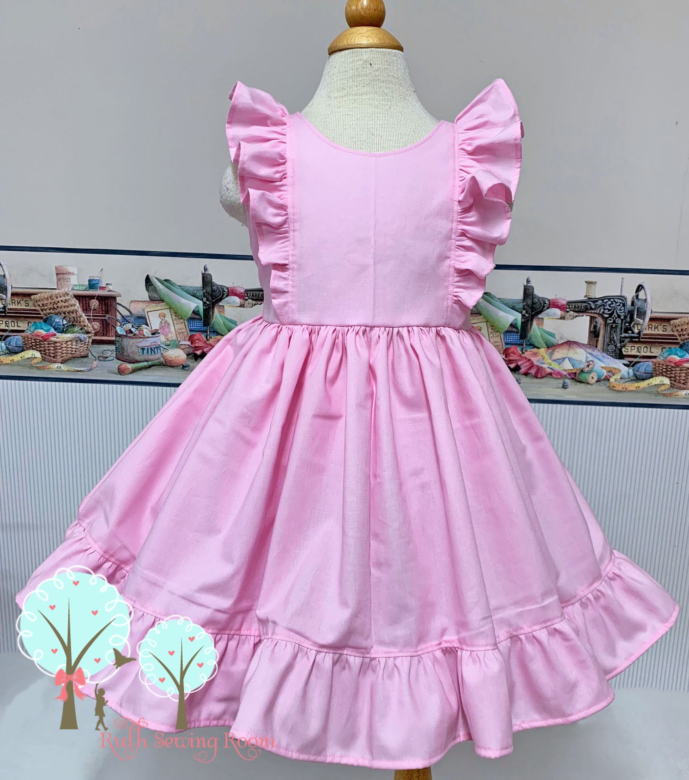Pink Ruffle Pinafore Dress with a twirl skirt and Ruffle hemline 6