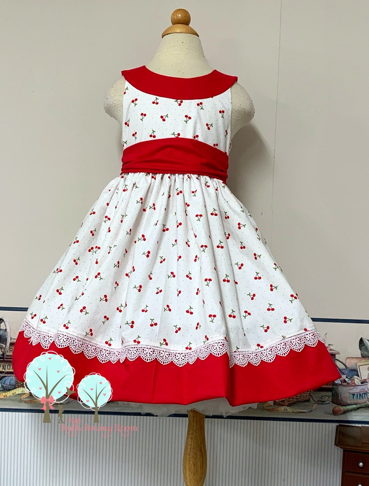 RTS size 4/5 Cherry Fabric Round Yoke Dress  - Pageant Dress   - Cruise Vacation Dress ~ Birthday Party