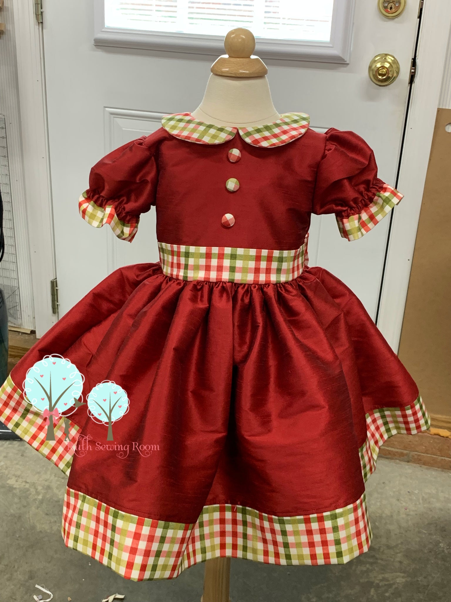 Christmas Dress , Red Faux Silk DUPIONI with Plaid Dress, Christmas Party Dress Add Extra Dress Bow / 5 Christmas Dress , Red Faux Silk DUPIONI with Plaid Dress, Christmas Party Dress Add Extra Dress Bow / 5
