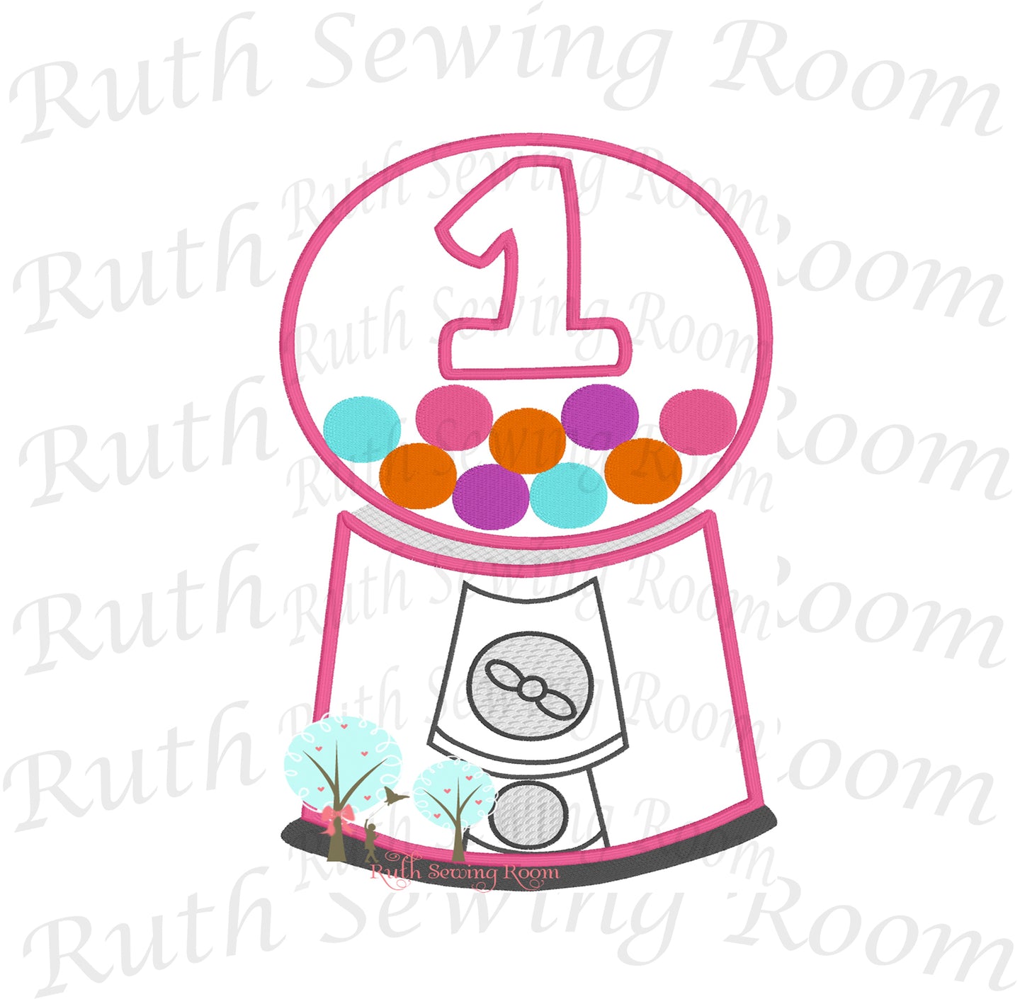 Bubble-Gum Machine Birthday # 1 -- Appliques Embroidery Design -- Digitize File ---