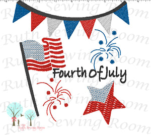Fourth of July - Flag and Stars -  Vintage Stitch -  Embroidery Design Instant Download Machine Embroidery