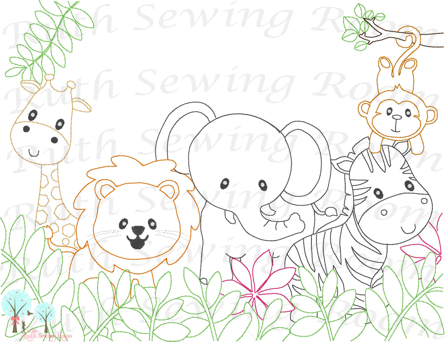 Safari Animals - Elephant, Lion, Monkey, Zebra and Giraffe Vintage Stitch Design Instant download Machine Embroidery - This is NOT a PATCH