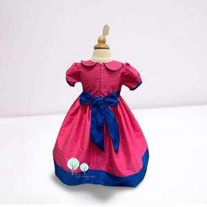 Ready to Ship Beauty - Sunday Best - Poly Silk Dupioni Hot Pink with Sapphire Blue  - Wedding Flower Girl